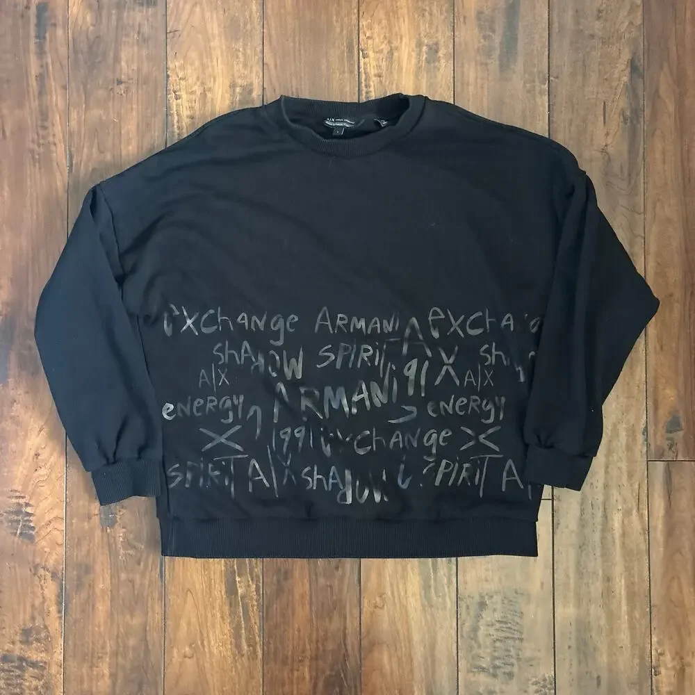 Armani Exchange Sweater Womens L Black Open Shoulder Streetwear Graffiti - Picture 2 of 10